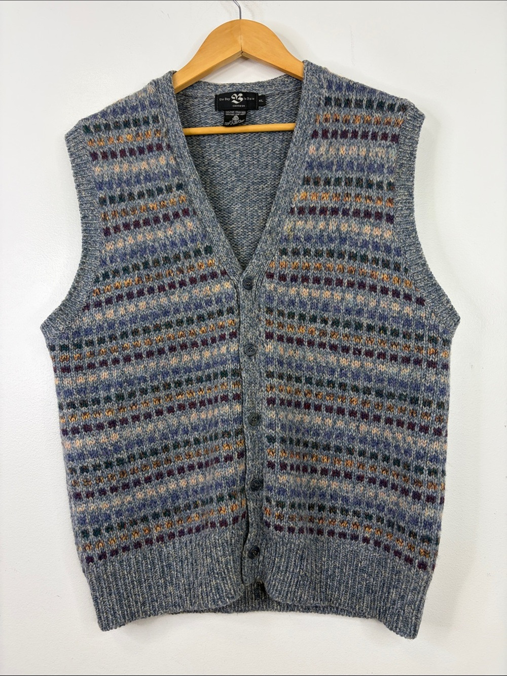 Vintage Sweater Vest Mens XL Gray Brown Stripe Wool Retro Cardigan The Bay